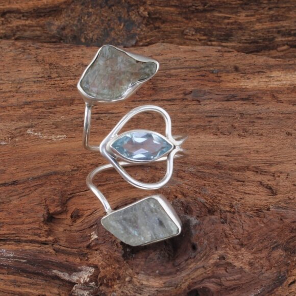 Aquamarine & Blue Topaz Ring: Solid Sterling Silver Three-Stone Design - Picture 1 of 5